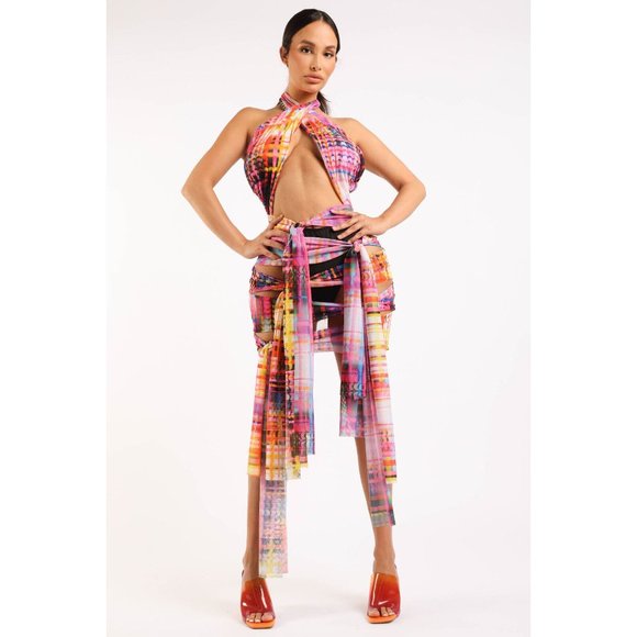 Women's Tie Front Halter Fashion Dress Multi-Color Polyester/Spandex - Picture 3 of 11